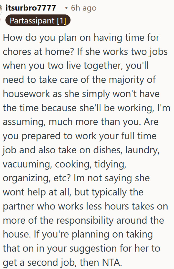The partner who works fewer hours should take on more of the home responsibilities