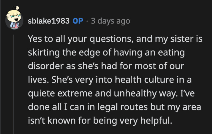 OP's sister is potentially passing her disordered eating habits to her four young children with what she's doing.