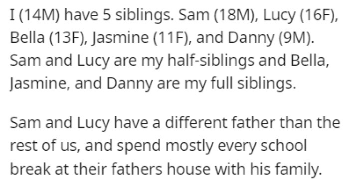 OP is a 14-year-old boy with 5 siblings