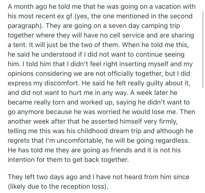 The guy has informed OP that he’ll be going on a 7-day vacation with his ex
