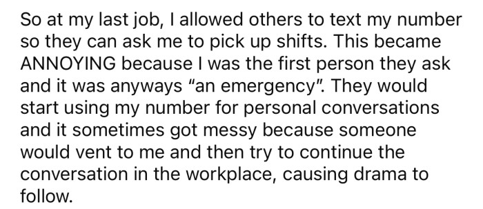 In her previous job, the OP allowed her coworkers to text her personal number regarding shifts.