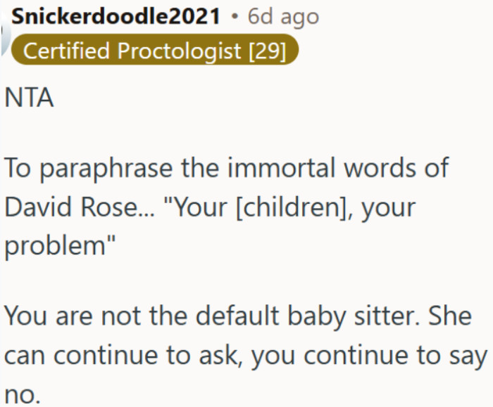 OP puts her foot down after being repeatedly asked to babysit