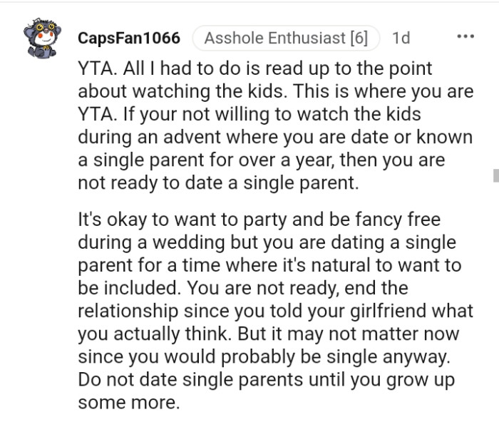 The OP is not ready to date a single parent
