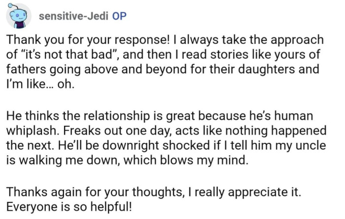 The more OP shares about her dad, the more sympathetic I am toward her