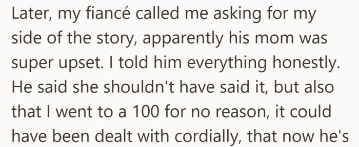 He acknowledges the comment crossed a line, but still focuses on how she responded.