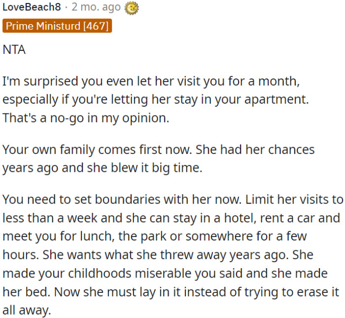 OP's mum must face consequences instead of trying to erase the past.