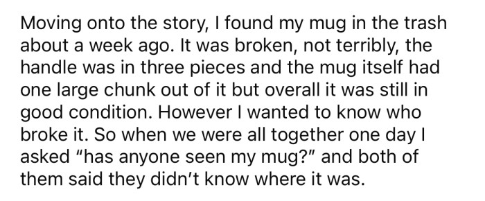 The OP was shocked when she noticed her mug in the trash recently. It was broken and the handle was in three pieces.