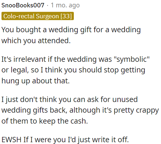 It's not right to ask for unused gifts back, but it's also unfair if they keep the cash.