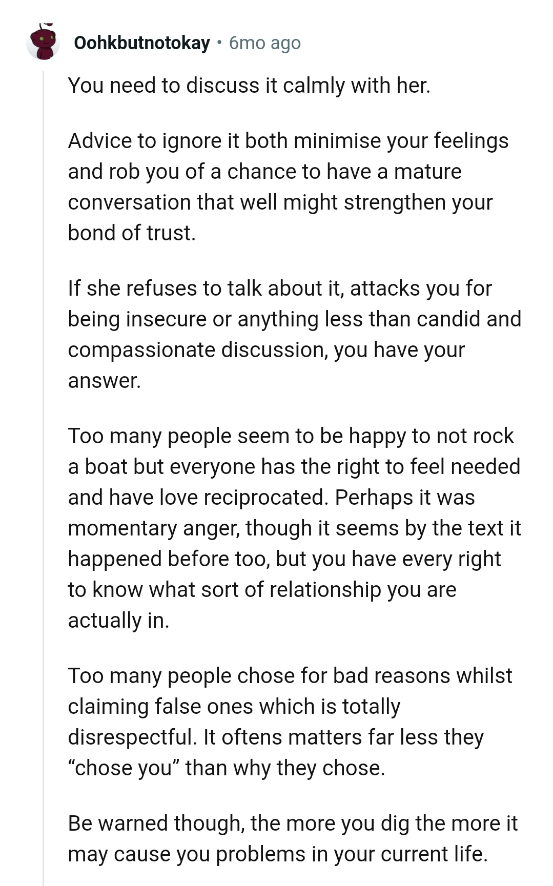 The OP should have a mature conversation with her