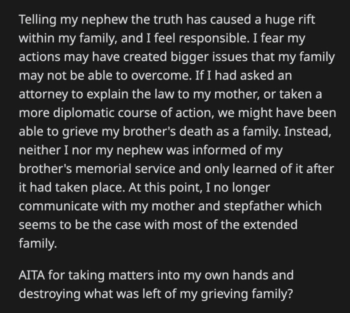 OP hasn't spoken to them since, but she still feels guilty about the aftermath.