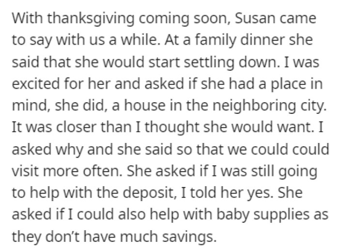During a family dinner, the daughter announced that she would be moving to a neighboring city and that a baby is on the way