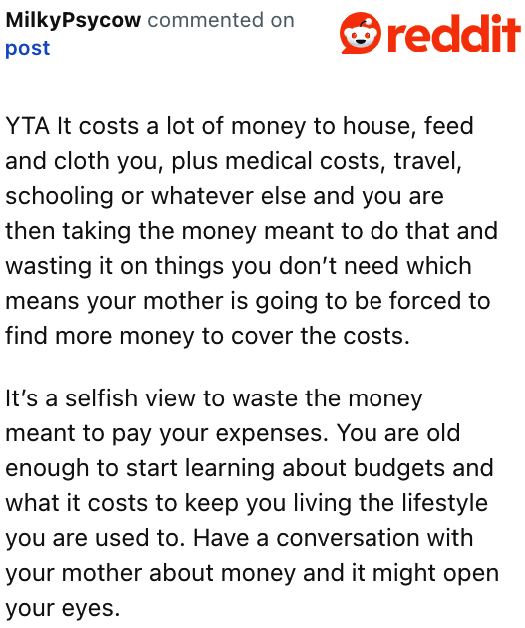 User encourages the OP to learn budgeting and finances from their mom.
