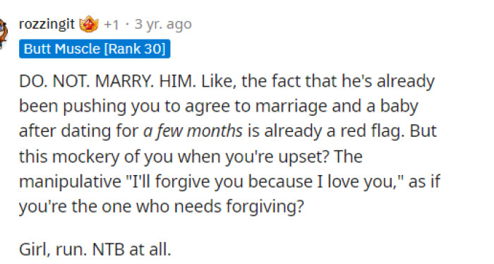 It's odd that he's pushing her to marry him anyway, but we know that sometimes it can be different for other people, and maybe that's just his timeline.