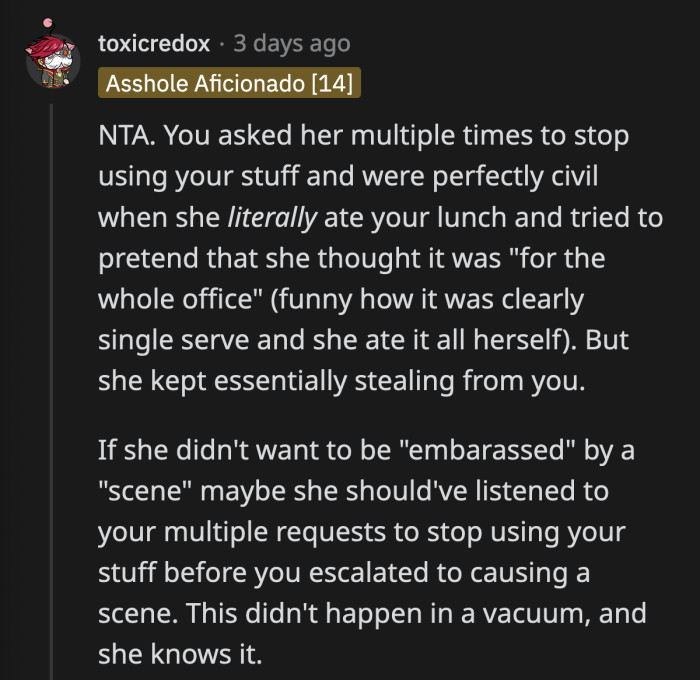 She acted like a victim so fast. OP asked her prior to the latest blow-up, but she refused to acknowledge OP's issues with her.