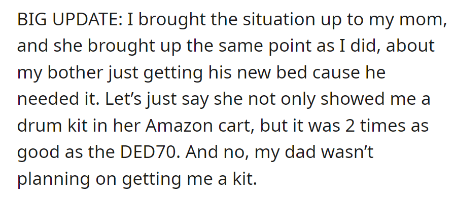 Big update: Mom has a better drum kit in her Amazon cart; their dad still wasn't planning to get one.