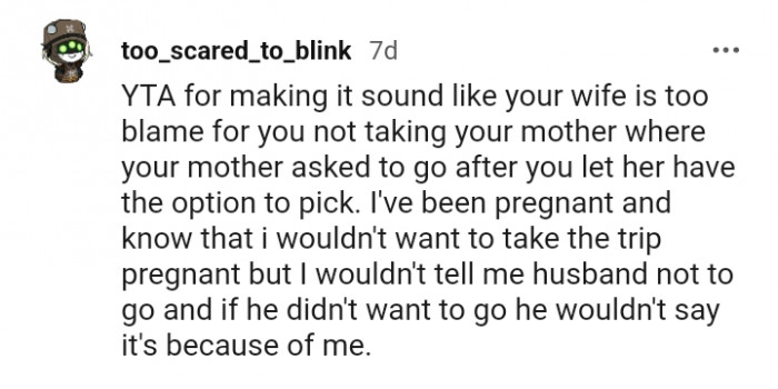 This Redditor would not tell her husband not to go