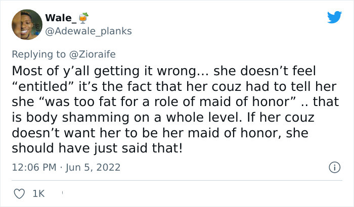 However, some people seem to have extracted the notion that Ife may feel entitled to be *the* maid of honor, completely missing the point. Here's someone calling them out: