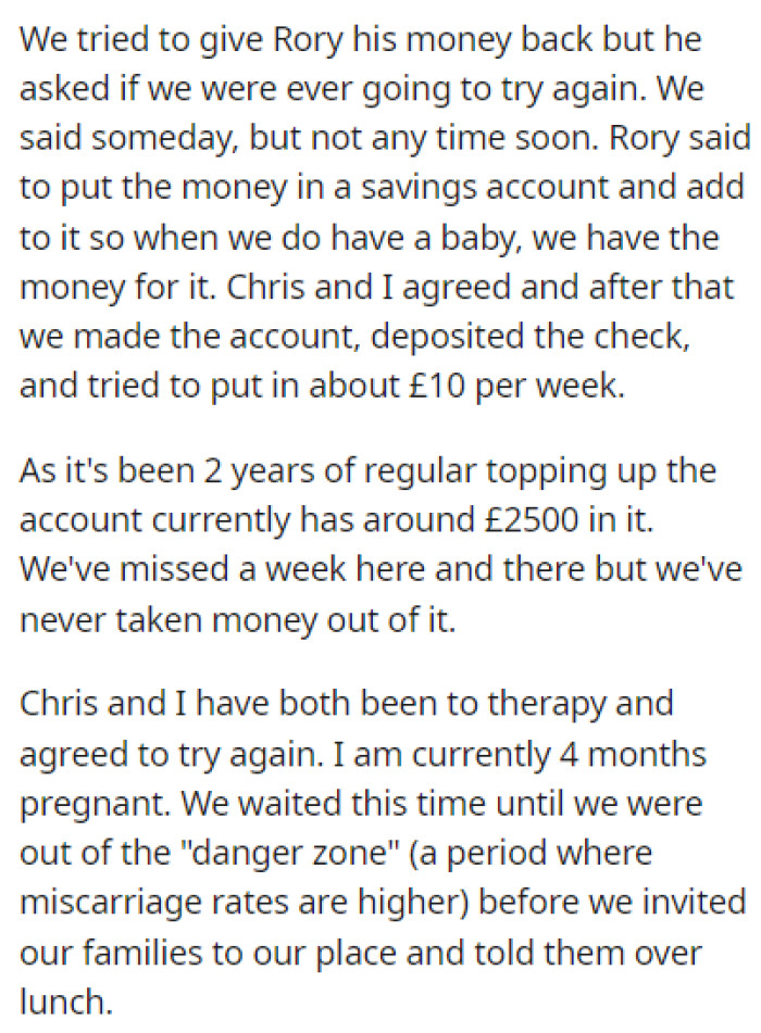 OP Wanted to Return the Money She Received for the Baby, but They Refused