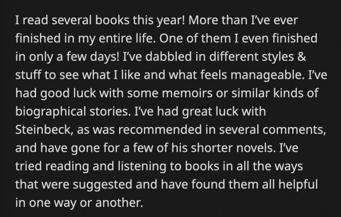 It looks like they are finally enjoying reading thanks to the helpful suggestions of Redditors from a year ago!