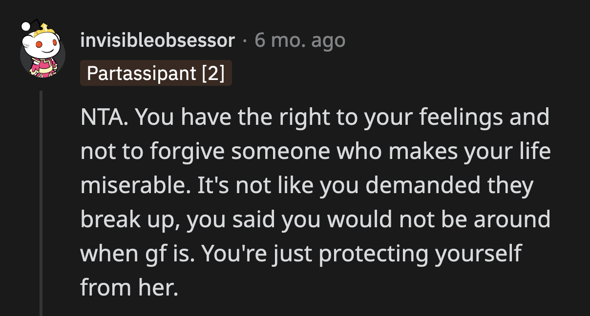 OP can do all that from afar. She shouldn't have to be around a person who remorselessly made her life miserable.