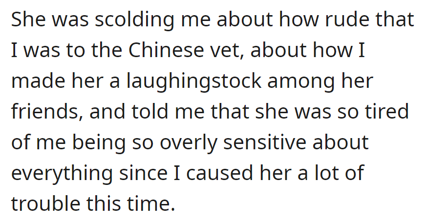 OP's mom scolded her for embarrassing her with the Chinese vet, frustrated that OP's sensitivity was causing trouble.