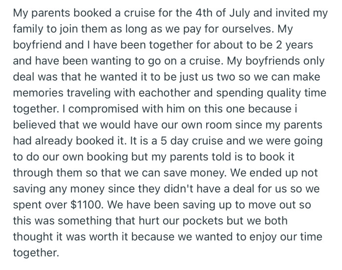 OP and her boyfriend were set to join her parents on a vacation cruise