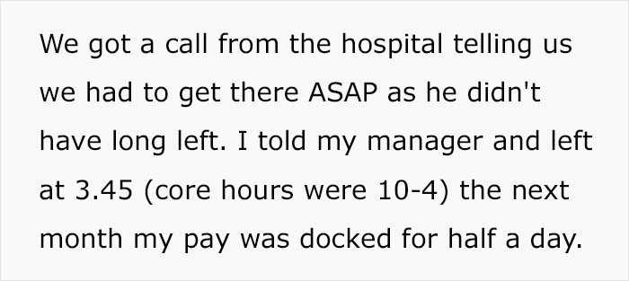 OP's father-in-law was terminally ill, and OP left his job 15 minutes earlier to say goodbye