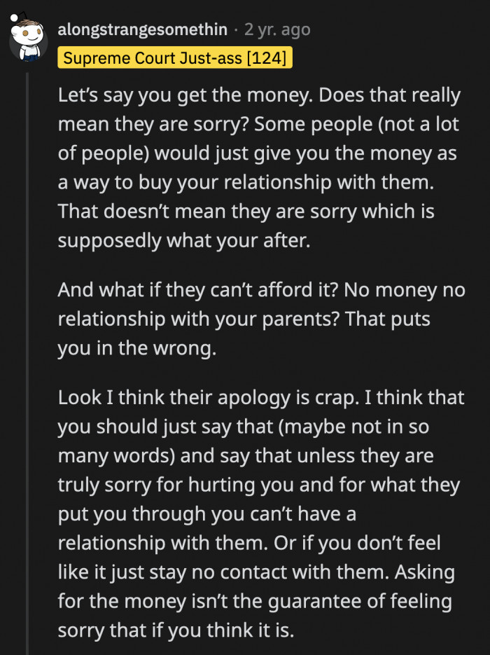 Someone asked OP how will $100,000 help repair their messed-up relationship