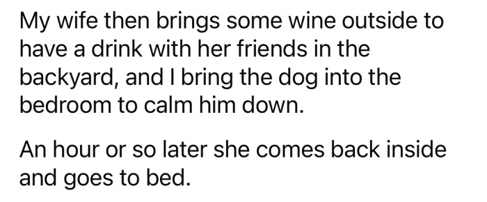 OP's wife takes her guests to the backyard and eventually comes back to sleep.