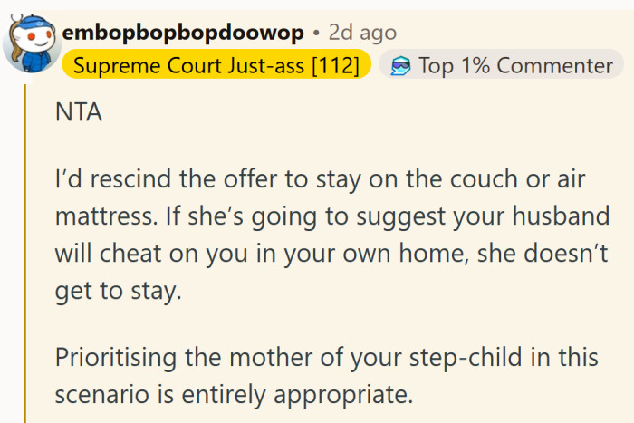A pointed reminder that if someone starts tossing around cheating accusations, the couch offer becomes far too generous.