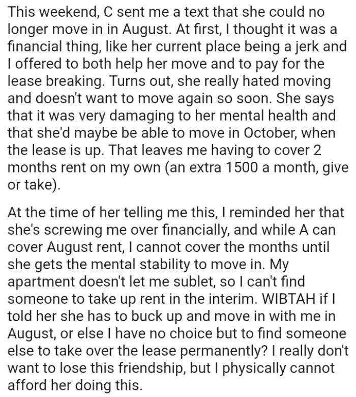 OP's apartment doesn't allow her to sublet, so she can't find someone to take over rent in the interim