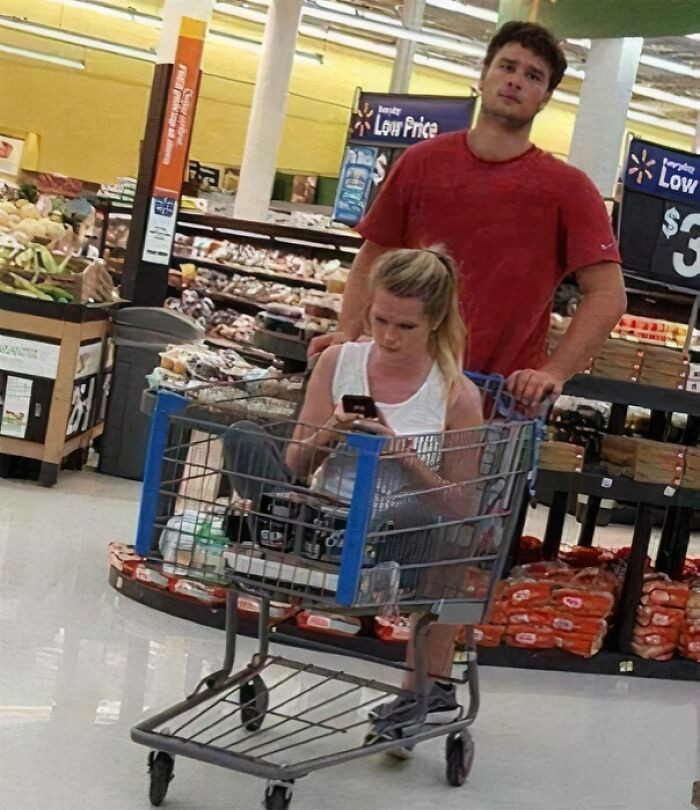 Walmart community response to odd shopper look, people browsing in grocery store