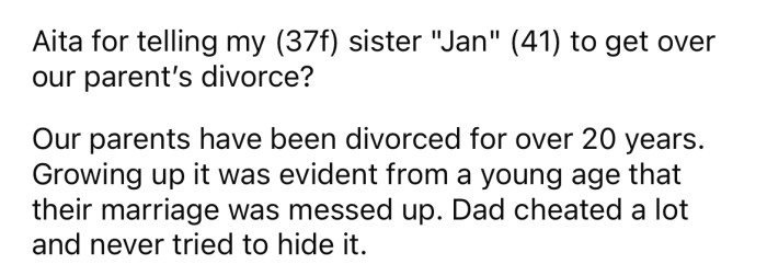 The OP explained that their parents have been divorced for more than 20 years.