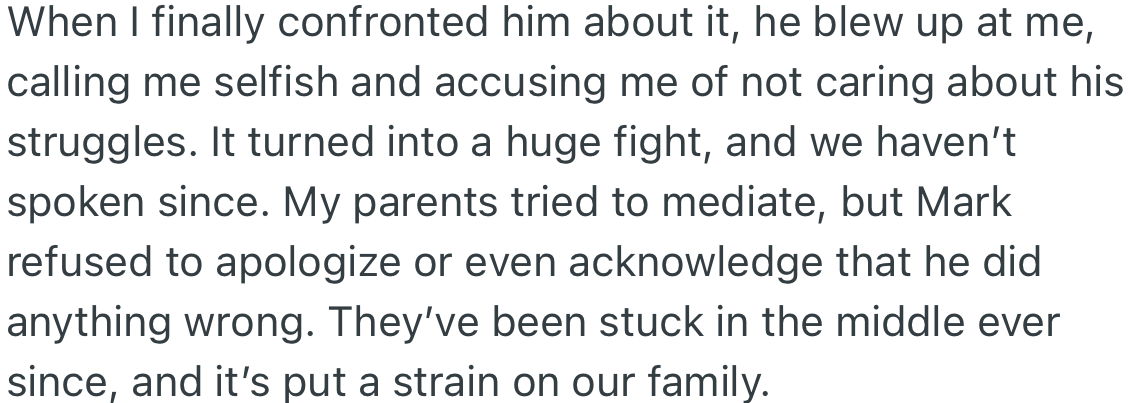 When OP asked Mark about the money, he accused her of not caring about his struggles. Although their parents tried to mediate, Mark refused to apologize for his actions.