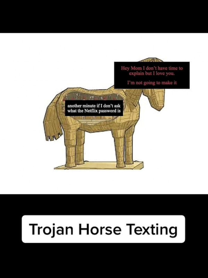 This type of message is labeled as a Trojan Horse texting model. The first impression of the message due to the read receipt shows an alarming statement, when actually, the real message is hidden in the second half of the chat.