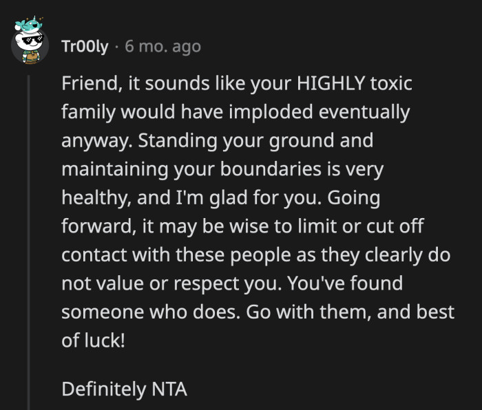 Now, she doesn't have to rack her brain about which relatives she should keep in her life.