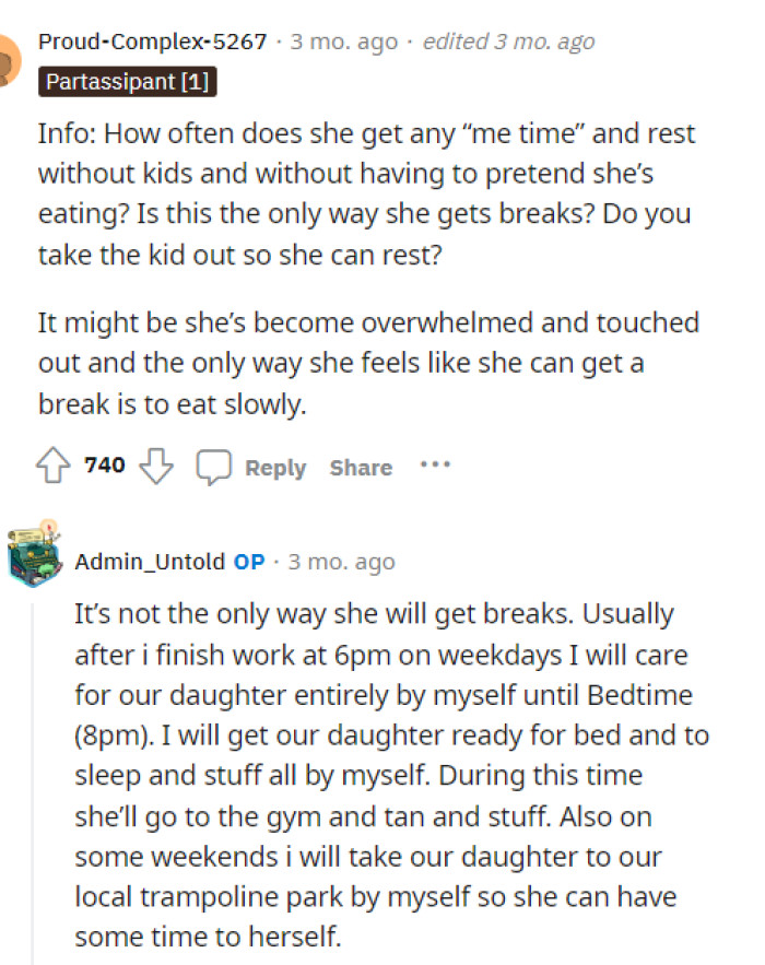 People asked for extra information, and OP provided it. However, it seems like the wife has time to herself quite often.