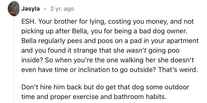 “ESH. Your brother for lying, costing you money, and not picking up after Bella; you for being a bad dog owner.”