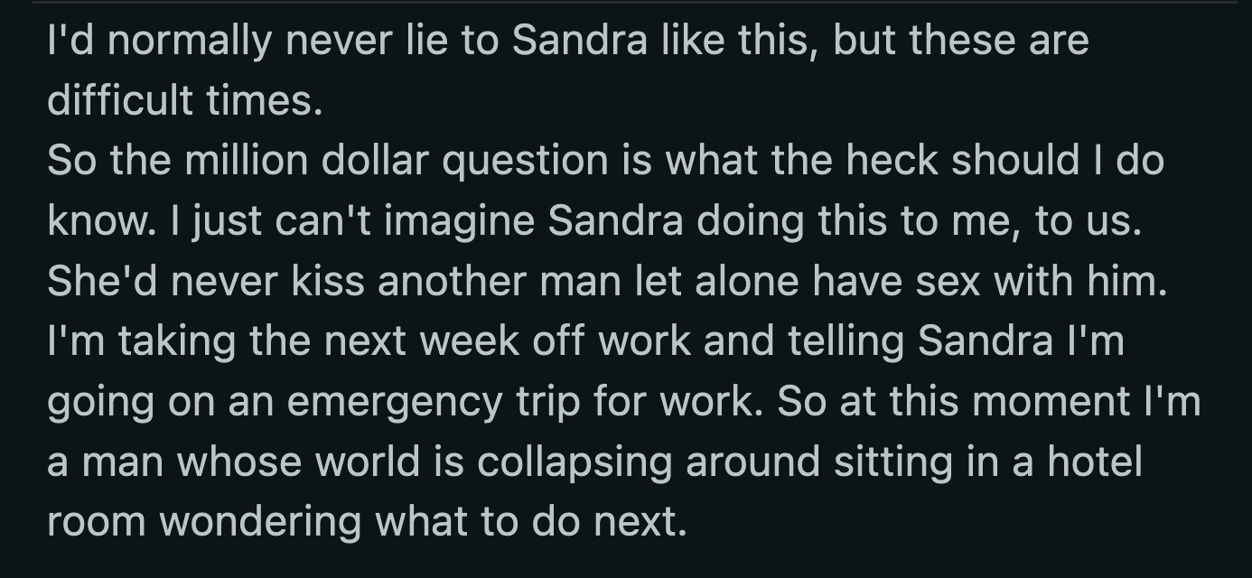 Should OP believe the photographic evidence of his wife's affair? Should he help Lily dig for more evidence?