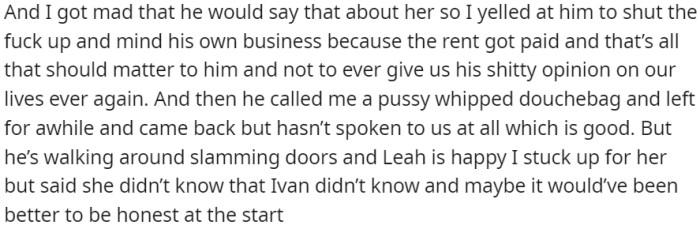 OP demanded that Ivan stop interfering and voiced that the payment of rent should be his only concern.