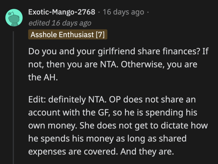 On top of that, he is still fulfilling his end of the bargain with their future home down payment