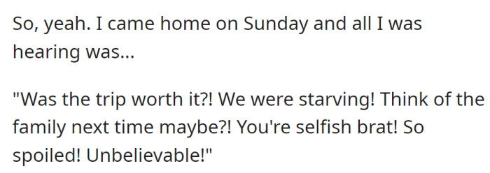 Returning on Sunday, OP faced accusations of selfishness and being spoiled for the trip, with criticism for neglecting the family's needs.