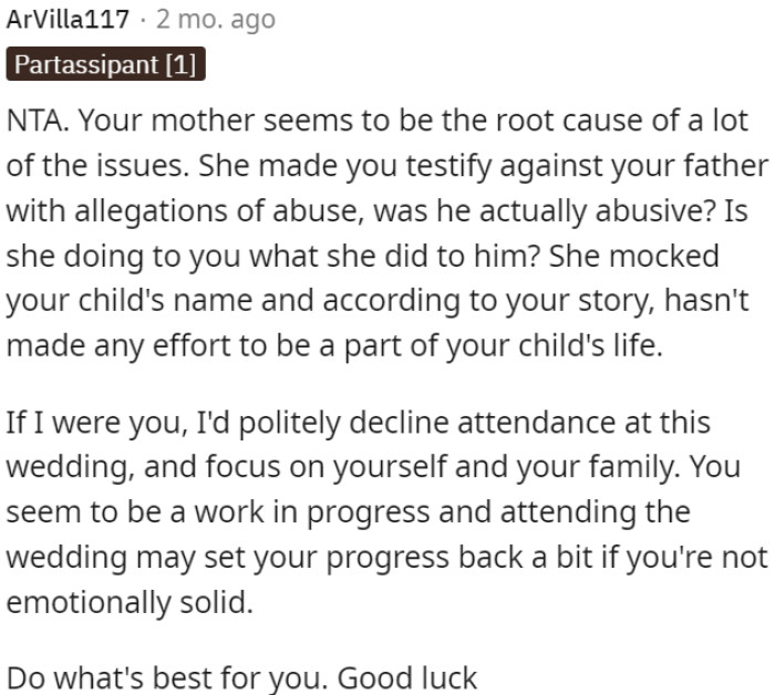 OP's mother is causing a lot of issues.