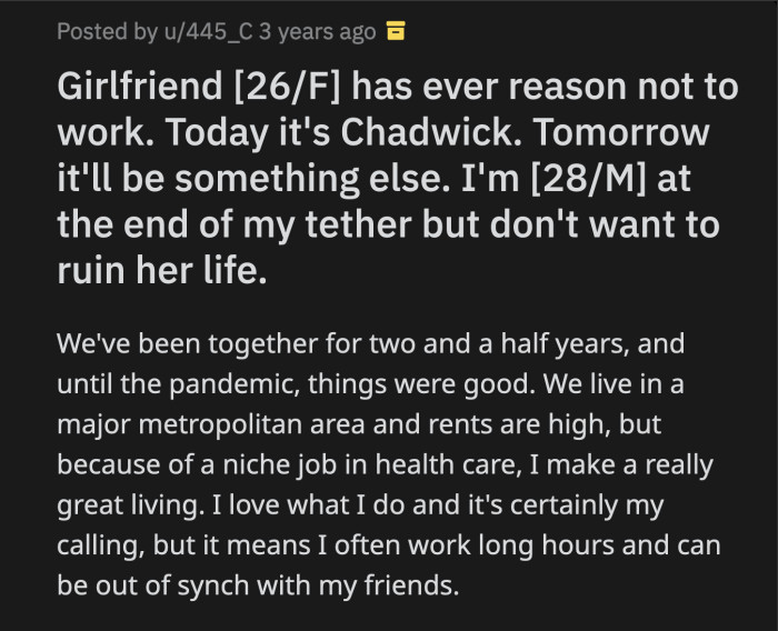 Then, the second surge of COVID-19 cases scared her from job hunting. Her most recent excuse broke OP.