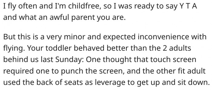 Her child has better flying manners than some adults.