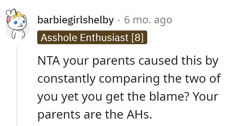 Classic case of parents writing a comparison drama and blaming the actors.