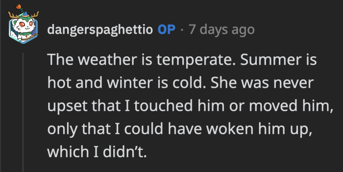 That's even worse. She knows what she's doing is wrong; she just didn't want to wake her sleeping baby because she couldn't deal.