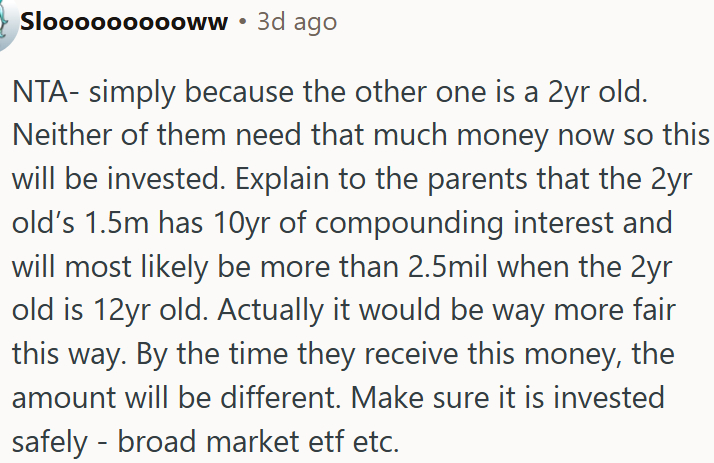 A fairer split ensures both children benefit equally over time through safe investments.