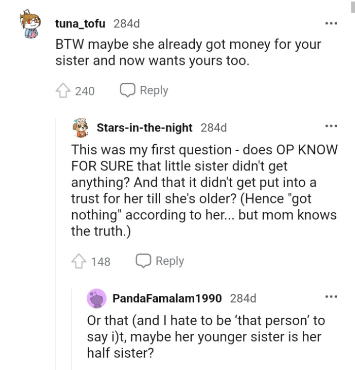 She's got money for the OP's sister