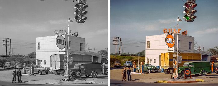 Filling station on a highway out of town, Charlotte, North Carolina. Photographed by John Vachon in March 1943.